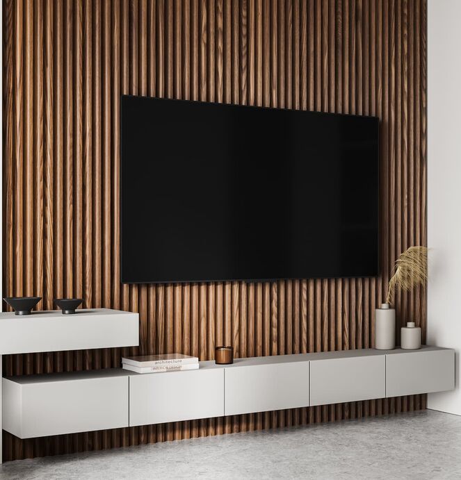 Kreativwand in Holzoptik mit integrierter Bar Kreativwand in moderner Holzoptik mit integrierter Bar in der Wand